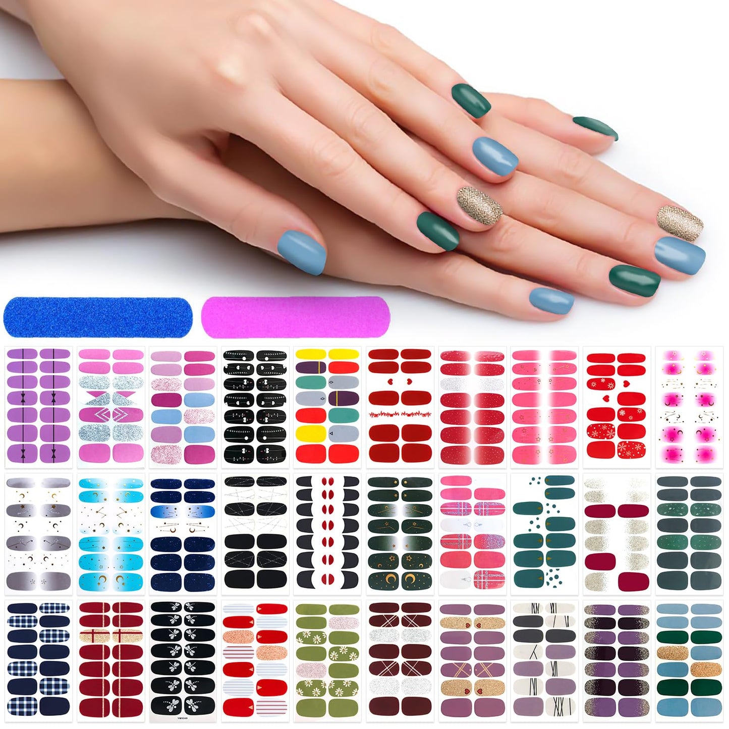 420 Pieces Glitter Nail Wraps With File - 30 Sheets Self-Adhesive Polish Strips and Stickers for Women, Girls - Salon Art Accessories