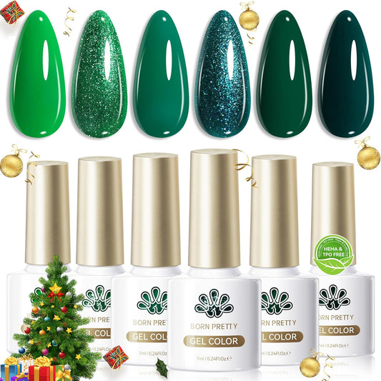 Born Pretty Christmas Carnival Evergreen Gel Nail Polish Set,6 Colors Green Glitter Gel Polish Set Forest Dark Avocado Sage Green Sparkle Soak Off U V Gel Nail Kit Manicure DIY Salon Home Gift