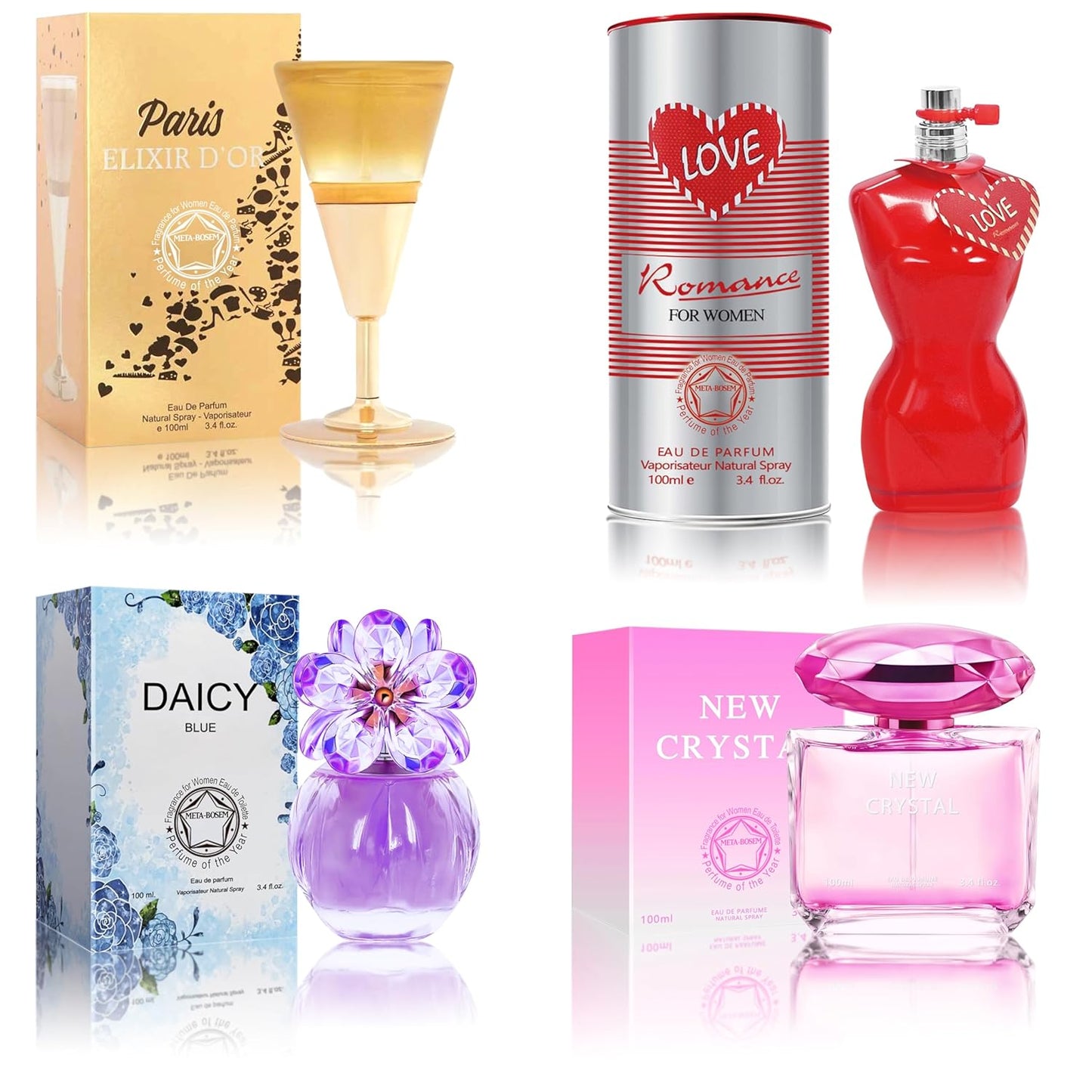 META-BOSEM Perfume for Women Set (100ml x 4PCS Variety Pack), NewCrys, LoveRoma, DaicyB, PariselixiR, Long Lasting Perfume for Women All Day Use