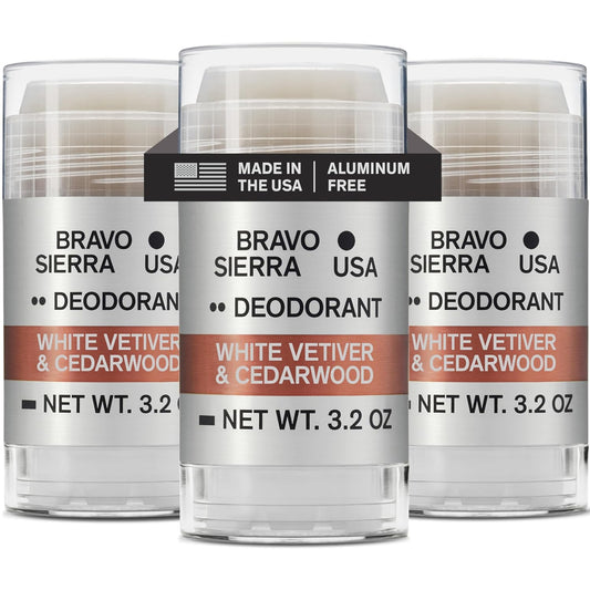 Aluminum-Free Deodorant for Men by Bravo Sierra, 3-Pack-Contains Natural Ingredients–Long Lasting All-Day Odor and Sweat Protection-White Vetiver & Cedarwood, 3.2 oz-Paraben-Free, Vegan & Cruelty-Free