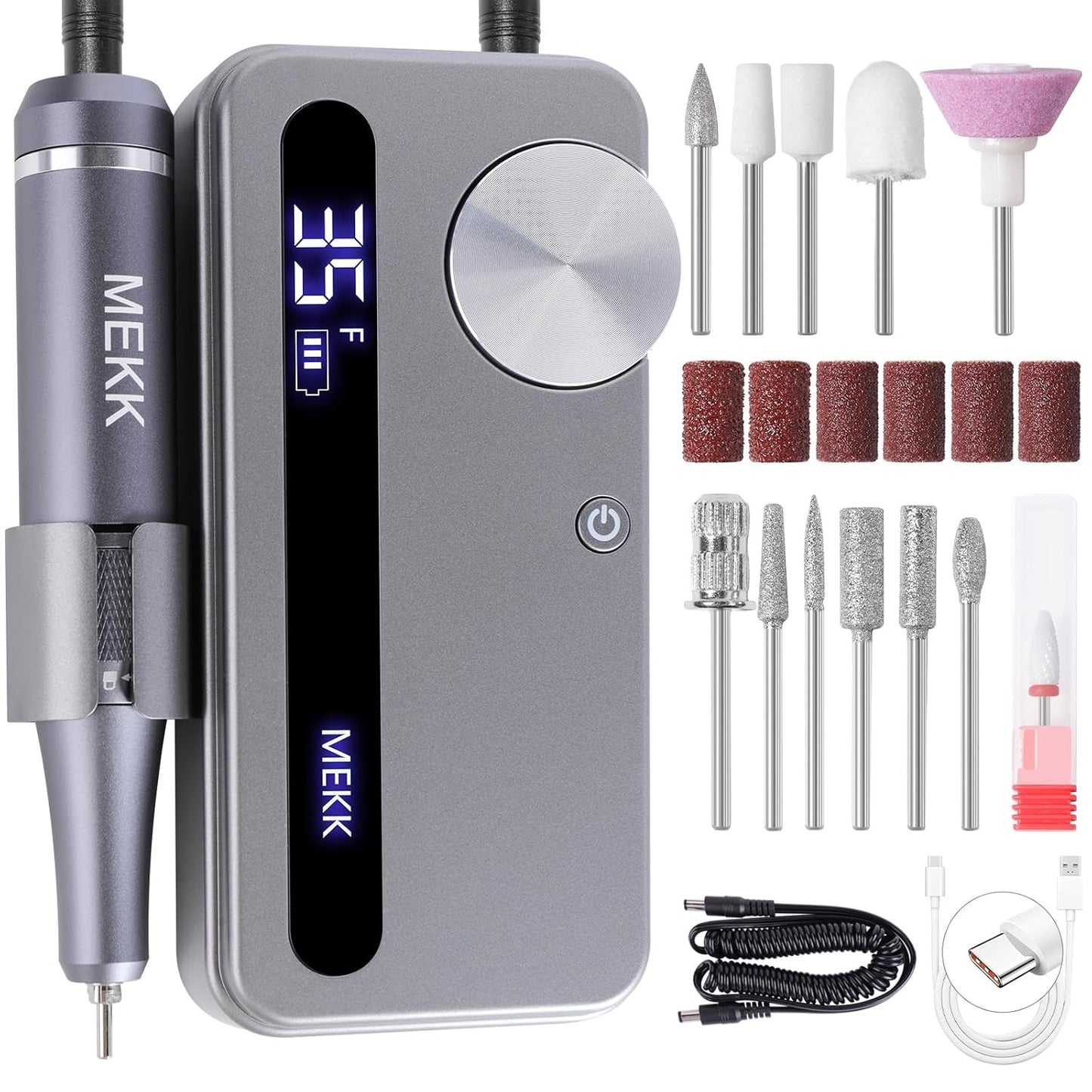MEKK Nail Drill Kit,35000RPM Electric Nail Drill Professional Electric Nail File with 12PCS Bits,Anti-Shaking Cordless E Filer for Nails,Home & Salon(Sliver)