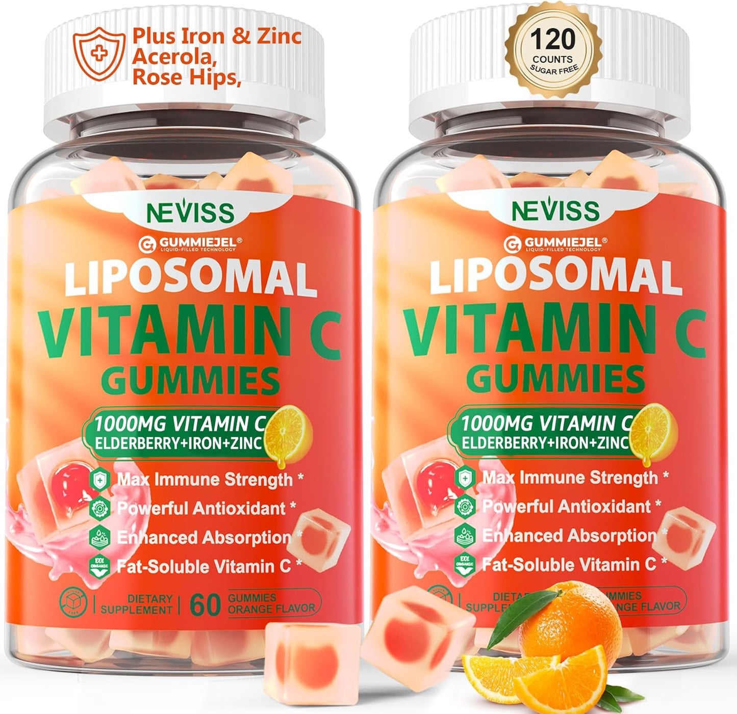Liposomal Vitamin C 1000mg Gummies for Adults - Vitamin C Chewable 1500mg with 8mg Iron, Zinc & Elderberry - Immune Support, Immune Booster Supplement - for Energy, Collagen Booster, 2Pack Sugar Free
