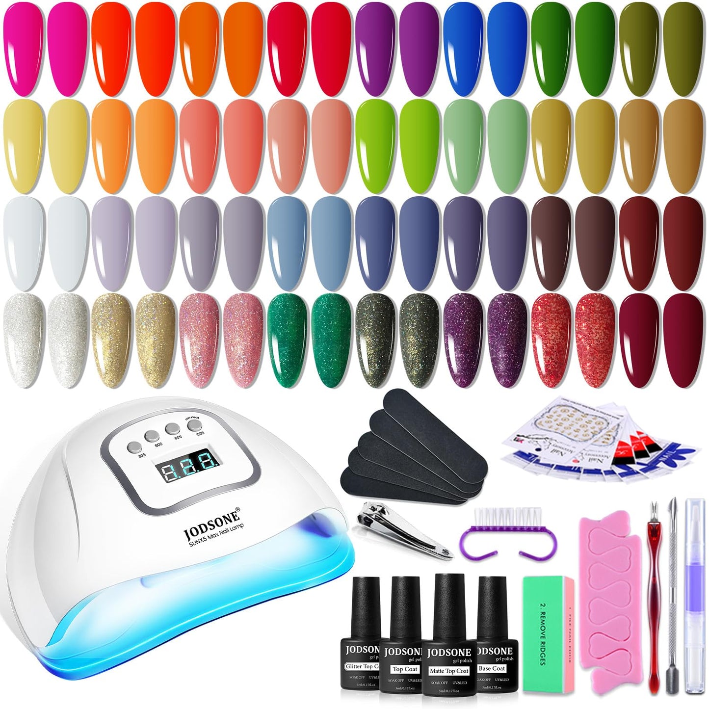 JODSONE Gel Nail Polish Kit with U V Light 32 Colors with Base Coat Matte Glitter Top Coat Gel Nail Set Manicure Salon Tools