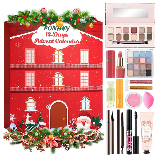 Ponhey Makeup Advent Calendar 2025, 12 Days Christams Makeup Sets For Women Surprise Gift, 2025 Xmas Countdown Calendar with 12 Individually Boxed Full Make Up Kits For Girls Teens Beauty Gift