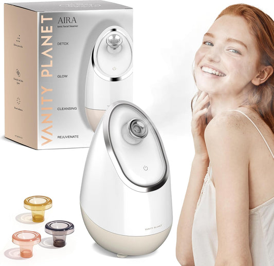 Vanity Planet Aira Ionic Facial Steamer (Beige) - Pore Cleaner That Detoxifies, Cleanses and Moisturizes - Adjustable Nozzle, Water Tank with 3 Essential Oil Baskets
