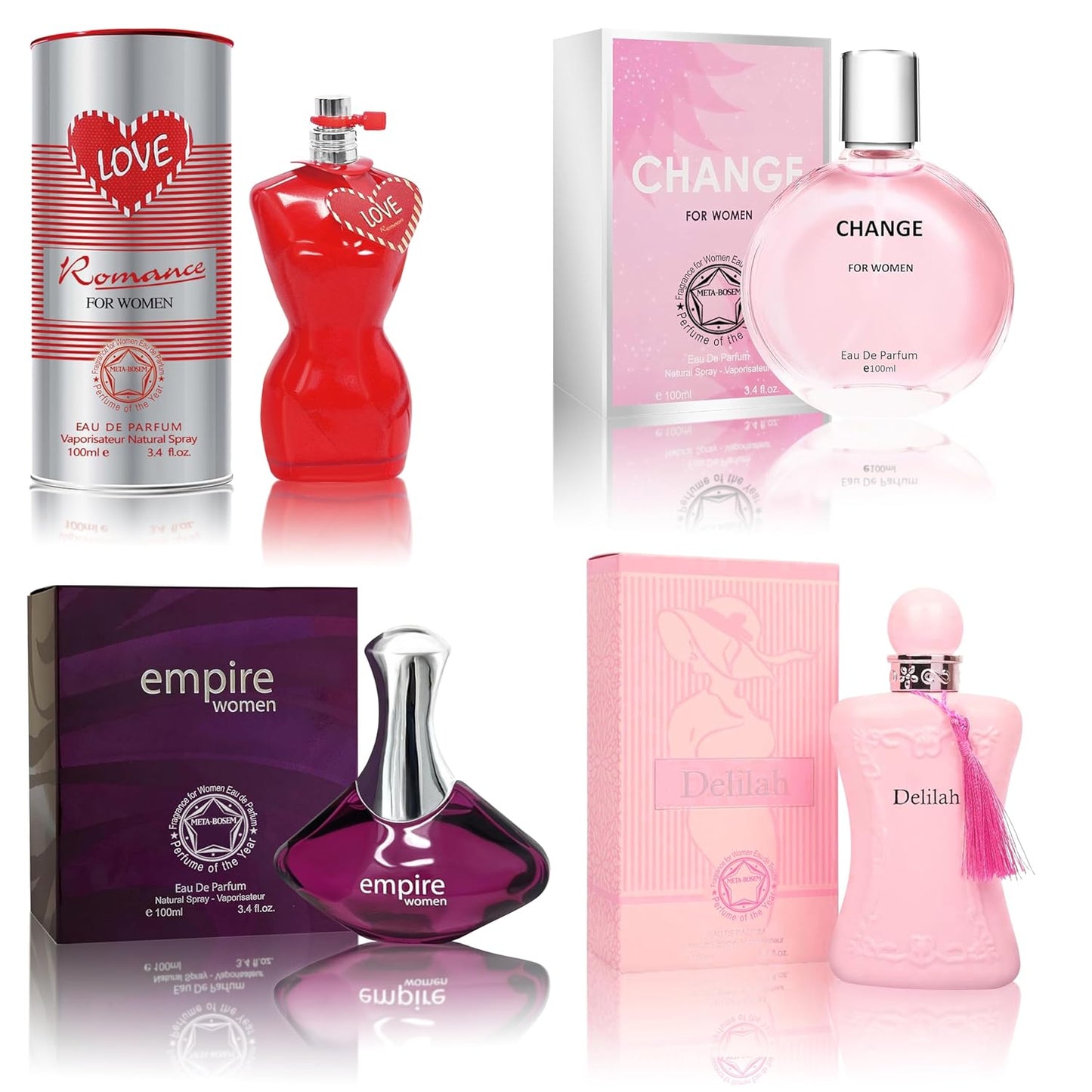 META-BOSEM Perfume for Women Set (100ml x 4PCS Variety Pack), LoveRoma, Delilah, Empire, ChangeW, Long Lasting Perfume for Women All Day Use