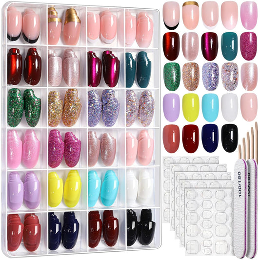 FANDAMEI Press on Nails, 24 Colors 576PCS Press on Nails Oval, Cat Eye Press on Nails Short, Glitter Fake Nails, Press on Nails French Tip Natural Glossy Nails for Nail Art