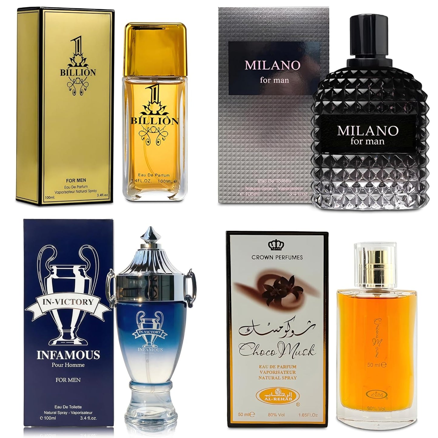Men Cologne 4-Piece Combo Set (Choco/Milano/Billion/Infamous) Each 100ml Eau de Toilette/Parfume Spray Premium Men Perfume Set Long Lasting Fragrance for Daily Use