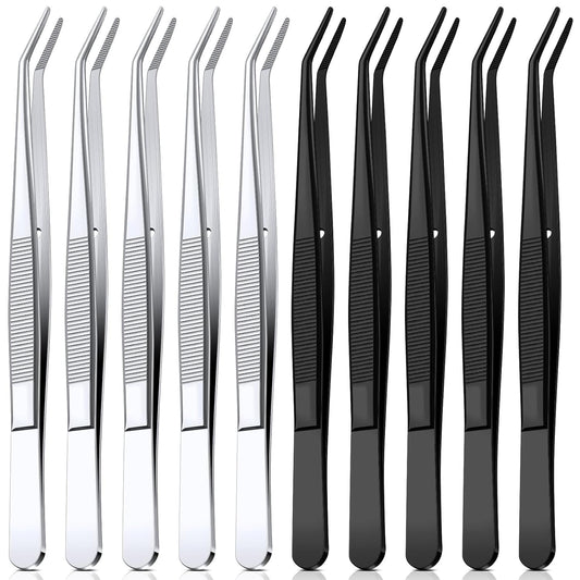 Honoson 10 Pcs Stainless Steel Tweezers for Crafting with Curved Serrated Tip Multipurpose Forceps Sewing Machine Tweezers Bulk (Silver,Black)