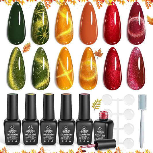 Beetles Cat Eye Gel Nail Polish Set, 6 Colors Red Burgundy Gel Olive Green Cat Eye and Pearl Nail Polish with Magnet Soak Off LED Nail Art Kit DIY Salon at Home Winter Gifts for Women