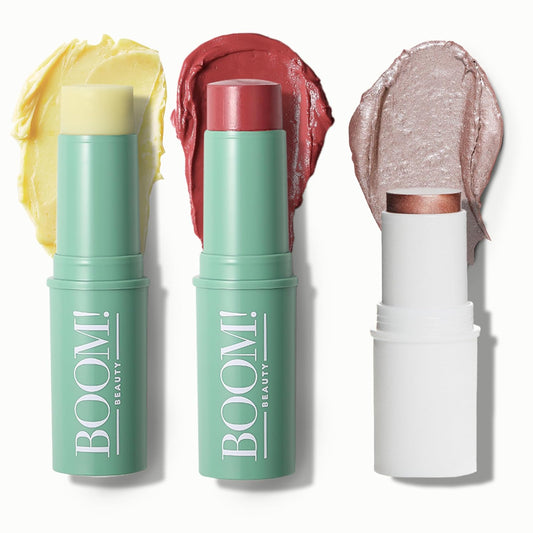 Boomstick Trio ® Rose Nude 3 Pack Cream Blush Makeup - Rose Nude Blush Stick, Highlighter Stick & Moisturizer for Cheeks, Eyes & Lips - Boom Sticks by Cindy Joseph for Older Women