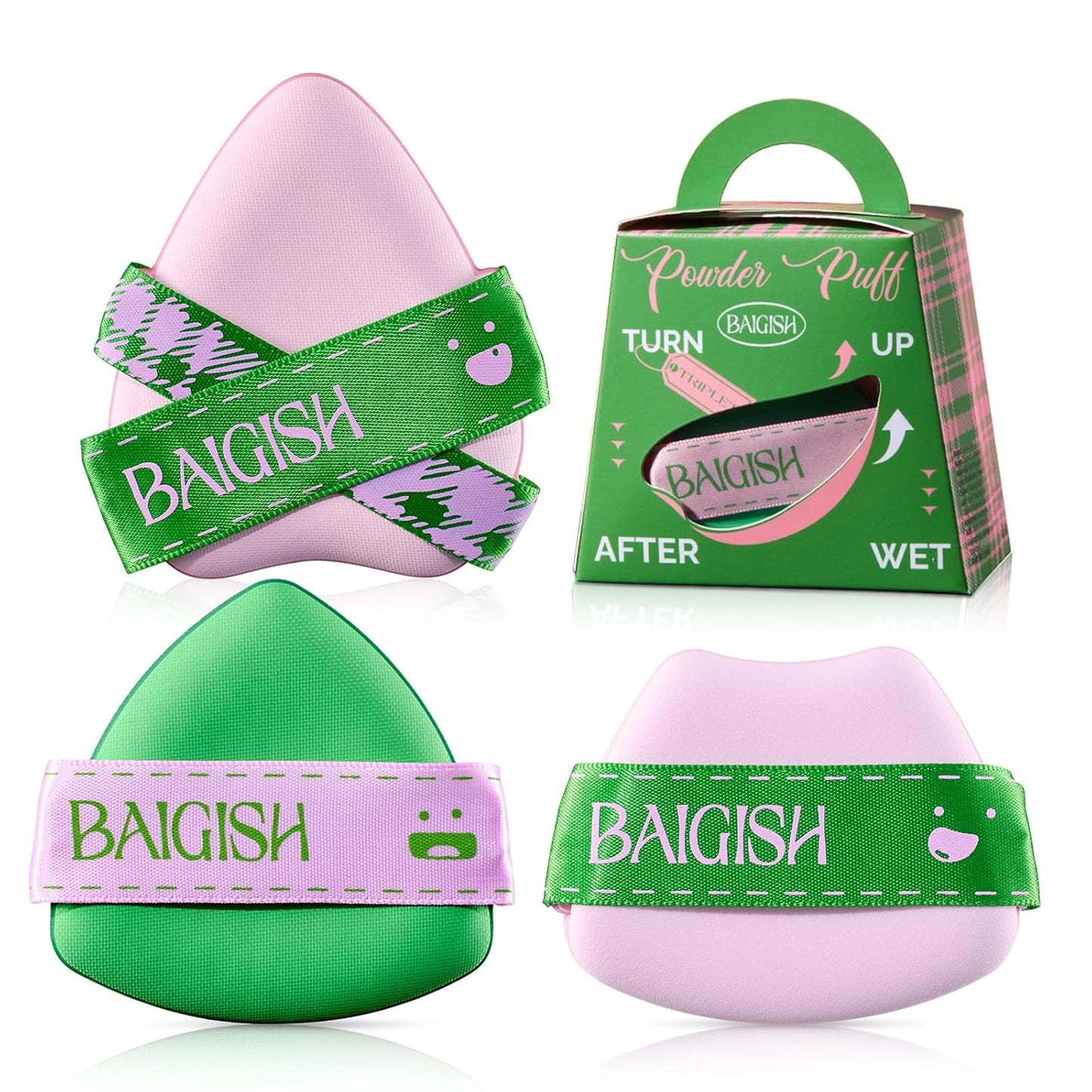 Makeup Sponge Set For Foundation Concealer, Triangle Powder Puff Soft Sponges Blender, Latex Free Blender Sponge For Liquid, Cream, and Powder Seamless & Flawless Makeup (GreenPink 3Pack)