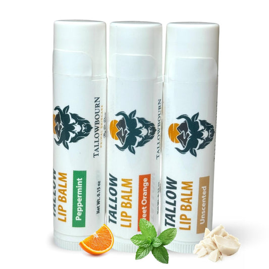 Moisturizing Tallow Lip Balm – Grass-Fed Beef Tallow with Organic Coconut Oil, Beeswax, and Vitamin E – Lip Balm Set – Variety Pack – Travel Essential – 3-Pack