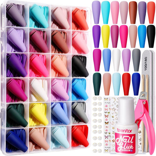 Teenitor Long Press On Nails Coffin Fake Nails Long Ballerina False Nails, 576pcs Long Coffin Press On Nails Full Cover Color Coffin Nail Tips, 24 Colors Glue On Nails Long Coffin Matte Press On Nails