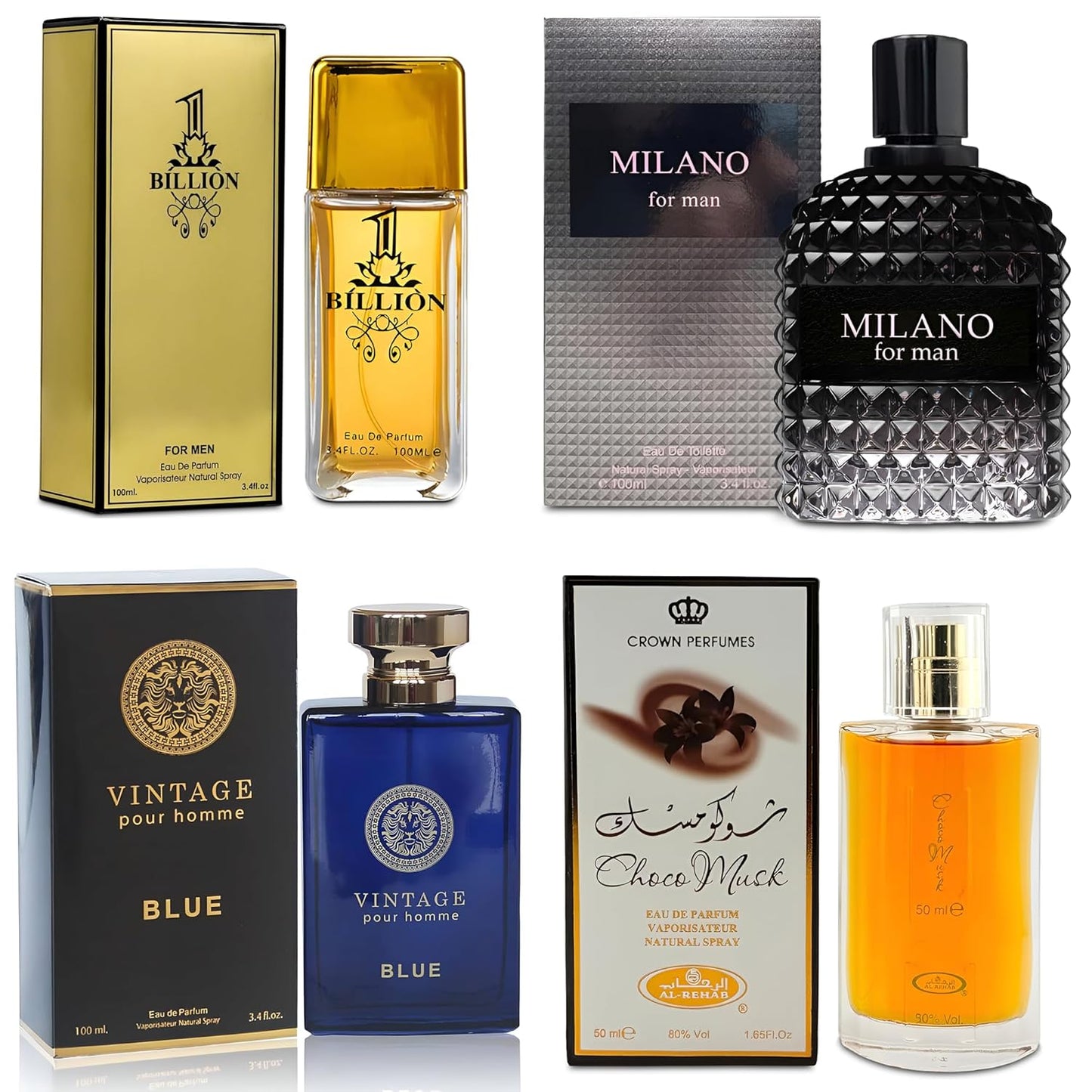 Men Cologne 4-Piece Combo Set (Choco/Milano/Billion/Vintage Blue) Each 100ml Eau de Toilette/Parfume Spray Premium Men Perfume Set Long Lasting Fragrance for Daily Use
