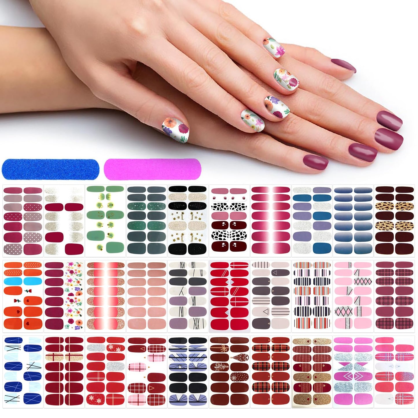 30 Sheets Solid Color Glitter Nail Wraps Self-Adhesive Polish Stickers Strips for Women Girl Accessories With Nail File