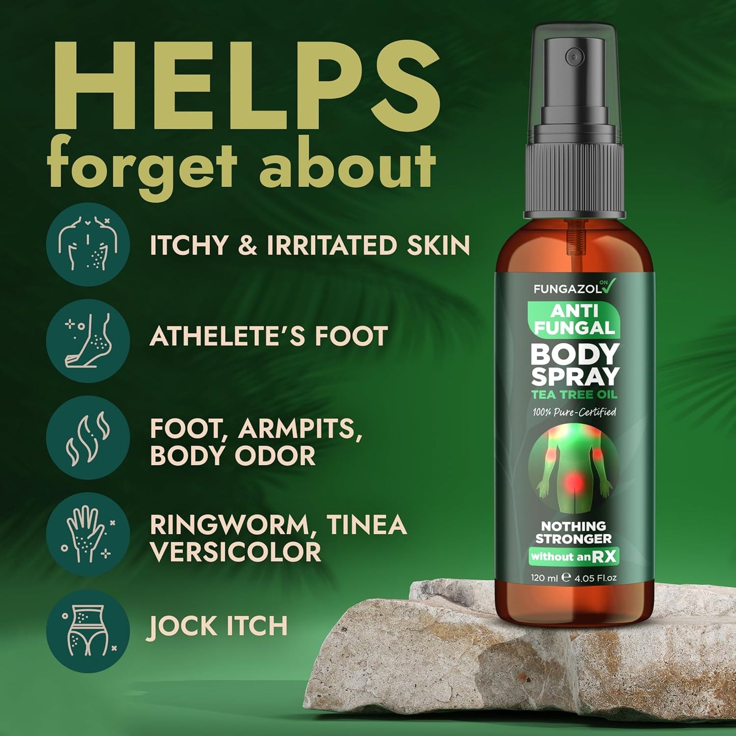 Body Spray with Tea Tree Oil | Fast-Absorbing Antifungal Treatment for Jock Itch, Athlete’s Foot, Ringworm & Nail Fungus | Soothes Itching, Burning & Scaling | Relieves Irritated Skin | 120ml