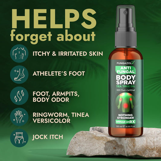 Body Spray with Tea Tree Oil | Fast-Absorbing Antifungal Treatment for Jock Itch, Athlete’s Foot, Ringworm & Nail Fungus | Soothes Itching, Burning & Scaling | Relieves Irritated Skin | 120ml