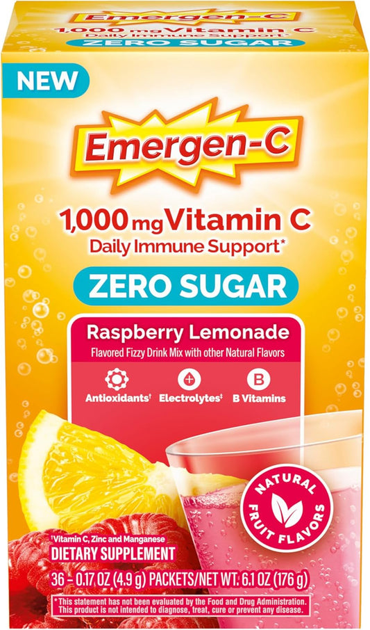 Emergen-C Zero Sugar 1000 mg Vitamin C Powder for Daily Immune Support Caffeine Free Vitamin C Supplements with Zinc and Manganese, B Vitamins and Electrolytes, Raspberry Lemonade Flavor - 36 Count