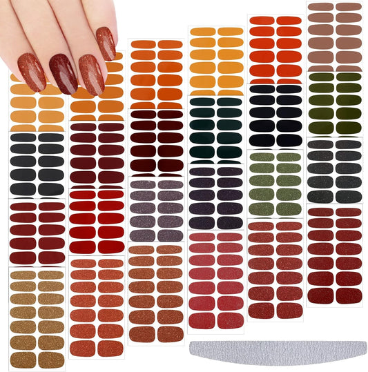Maitys 336 Pieces 24 Sheets Fall Nail Wraps Gel Nail Stickers Polish Strips Self Adhesive Seasonal Solid Color Decal Manicure Kits with File for Women Girls Holiday(Retro Style,Retro Color)