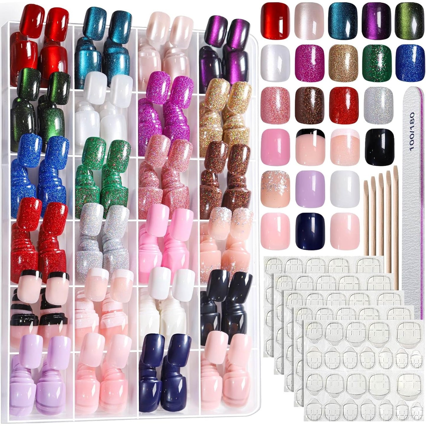 FANDAMEI Press on Nails, 24 Colors 576PCS Short Press on Nails, Cat Eye Nails Short Round. Glossy Glitter Nails Press On French Tip, Natural Fit Lightweight for Christmas Nail Art