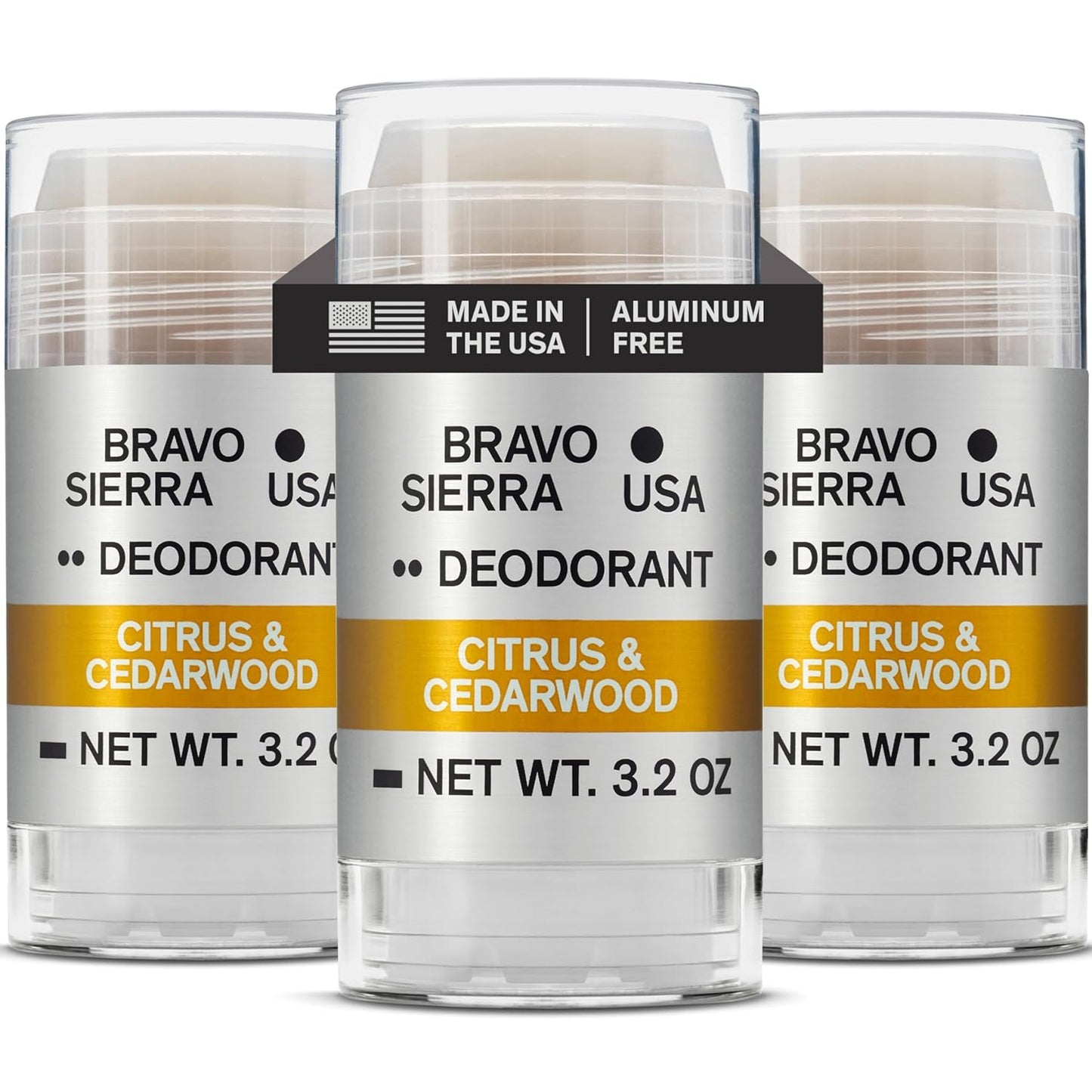 Aluminum-Free Deodorant for Men by Bravo Sierra, 3-Pack- Contains Natural Ingredients – Long Lasting All-Day Odor and Sweat Protection - Citrus and Cedarwood, 3.2 oz-Paraben-Free, Vegan & Cruelty-Free