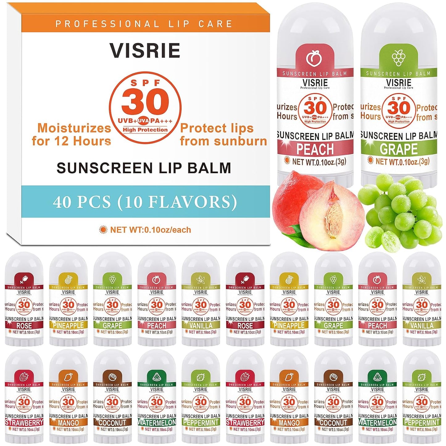 SPF 30 Mini Sunscreen Lip Balm, SPF Lip Balm Bulk 40 Count, Travel Sunscreen with Vitamin E and Coconut Oil- 10 Flavors