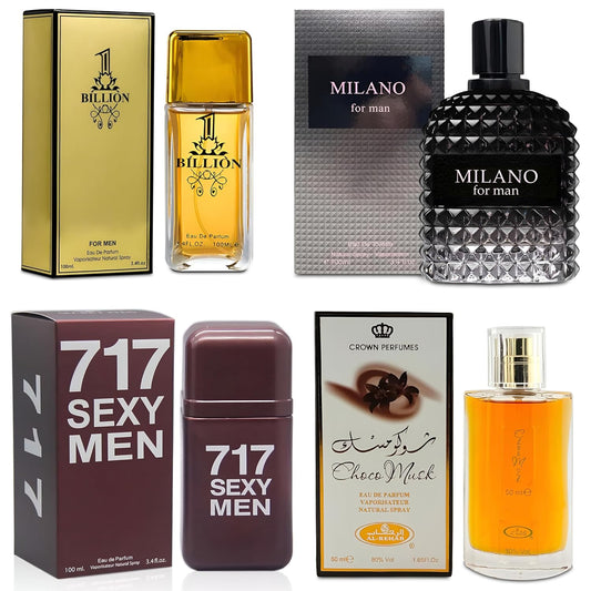 Men Cologne 4-Piece Combo Set (Choco/Milano/Billion/717 Sexy) Each 100ml Eau de Toilette/Parfume Spray Premium Men Perfume Set Long Lasting Fragrance for Daily Use