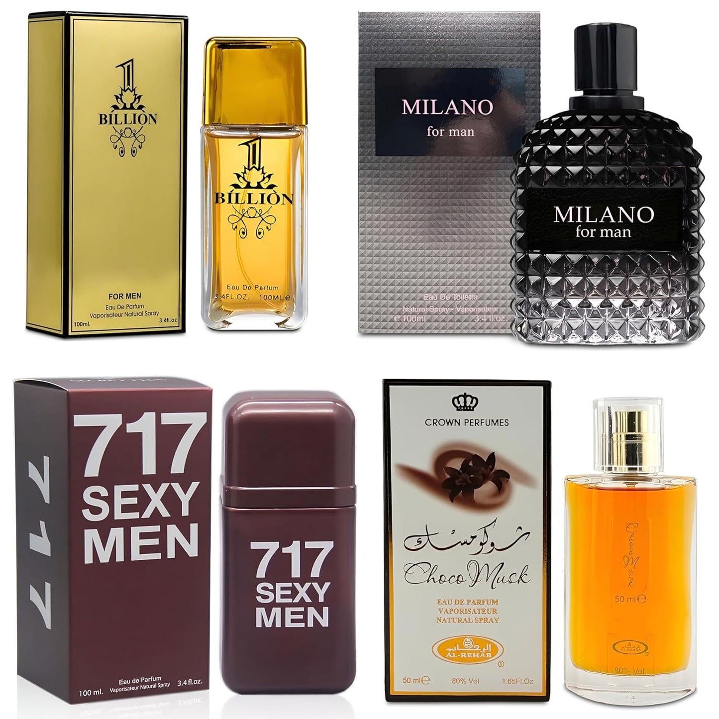 Men Cologne 4-Piece Combo Set (Choco/Milano/Billion/717 Sexy) Each 100ml Eau de Toilette/Parfume Spray Premium Men Perfume Set Long Lasting Fragrance for Daily Use