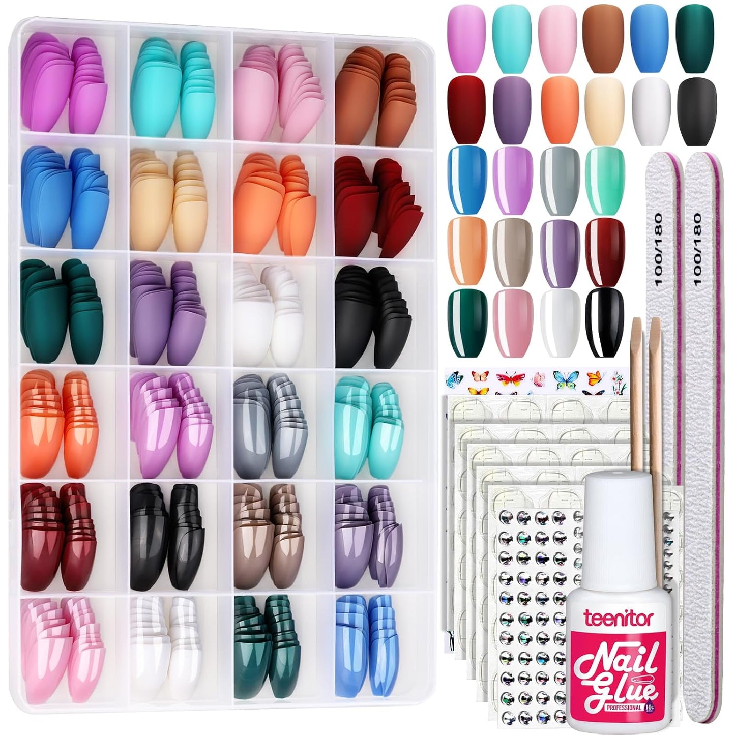 Teenitor 24 Pack 576 PCS Press On Nails Medium Length Coffin Glue On Nails, Coffin Shape Press On Nails Set, 12 Colors Coffin Matte Press On Nails, 12 Colors Glossy Press On Coffin Nail