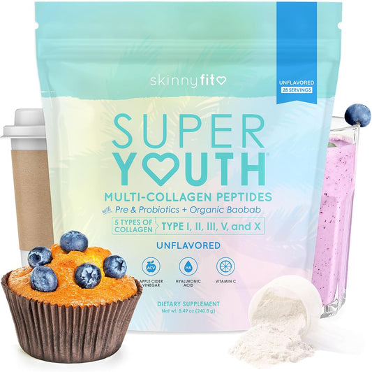SkinnyFit - Super Youth Collagen for Women - Multi Collagen Peptides Powder - Probiotics, Fiber, Hyaluronic Acid - Non GMO, Gluten Free, Sugar Free - Beauty & Self Care - Unflavored (28 Servings)
