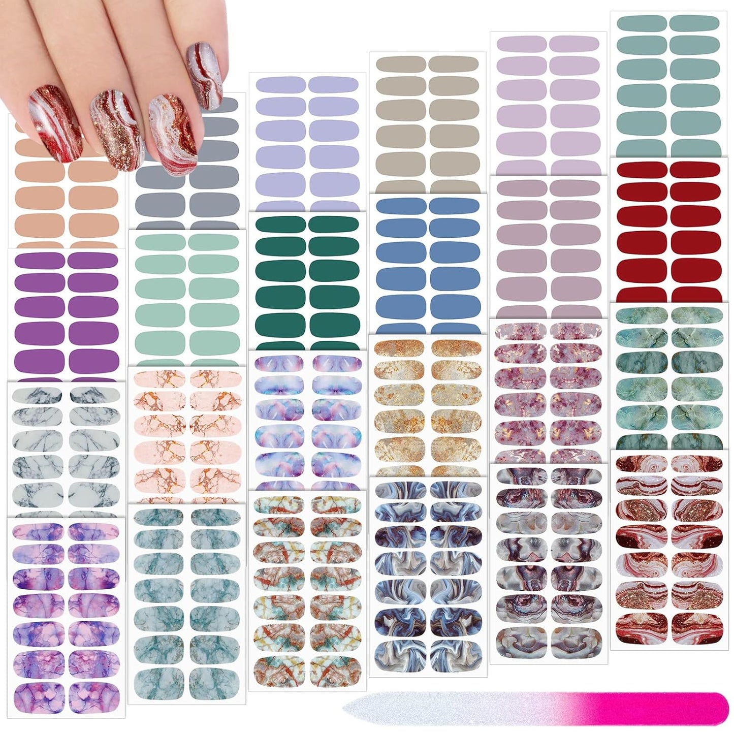 Maitys 336 Pieces 24 Sheets Full Wrap Nail Polish Strips Stickers Self Adhesive Gel Nail Strips Art Decals with File for Women DIY Decorations(Marble Style)