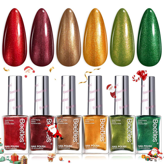 Beetles Fall Nail Polish Set - Glamour Era 6 Colors Quick Dry Glitter Burgundy Red Gold Green Yellow High-Gloss Long-Lasting Nail Polish for DIY At-Home Manicure Christmas Gift for Women