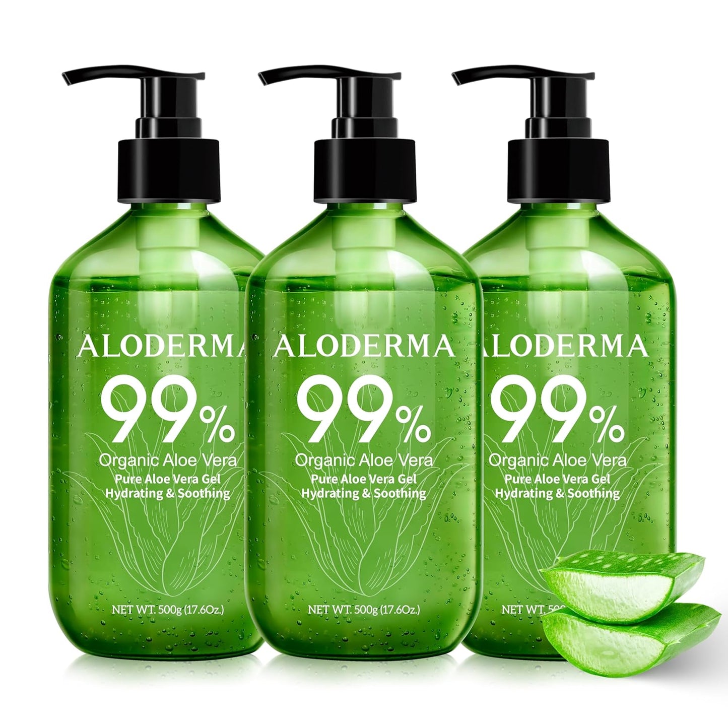 Aloderma 99% Organic Pure Aloe Vera Gel Made within 12 Hours of Harvest, 17.6oz Value Pump, Lightweight Non-Sticky Aloe Vera Gel for Sunburn Relief, Natural, Soothing Aloe Vera for Face & Hair, 3-Pack