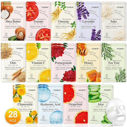 28 Pack Sheet Face Masks Skincare, Hydrating Face Masks Suitable for Sensitive Skin, Bulk Facial Mask Gifts Set for Women Skin Care, Home Skincare Spa for All Skin Types