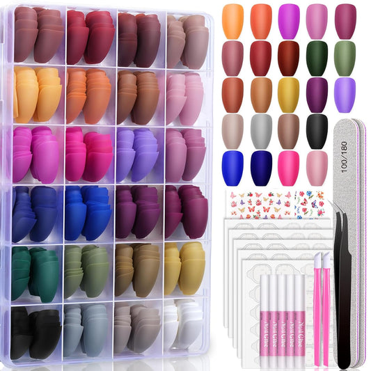 TsMADDTs Matte Press on Nails Coffin, Short Matte Press On Nails Almond 720PCS with Nail Adhesive Tabs, Nail Files for Nail Art DIY at Home