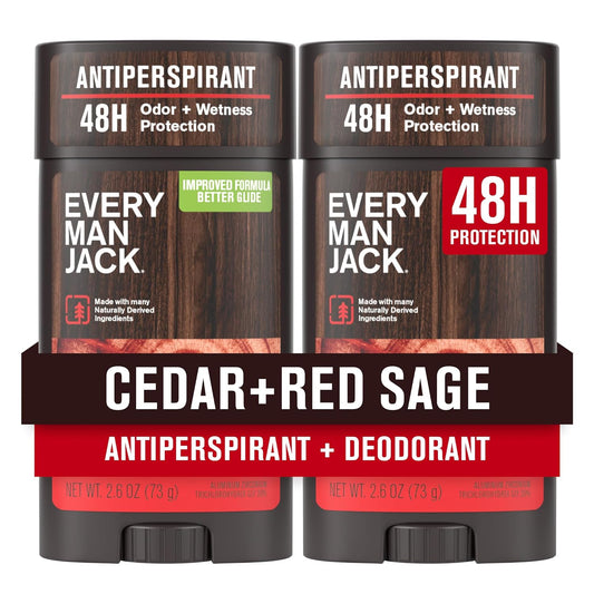 Every Man Jack Men’s Cedar + Red Sage Antiperspirant Deodorant – New & Improved Formula – Smooth Glide, 48-Hour Odor & Sweat Defense– 2.6 oz (2 Pack)