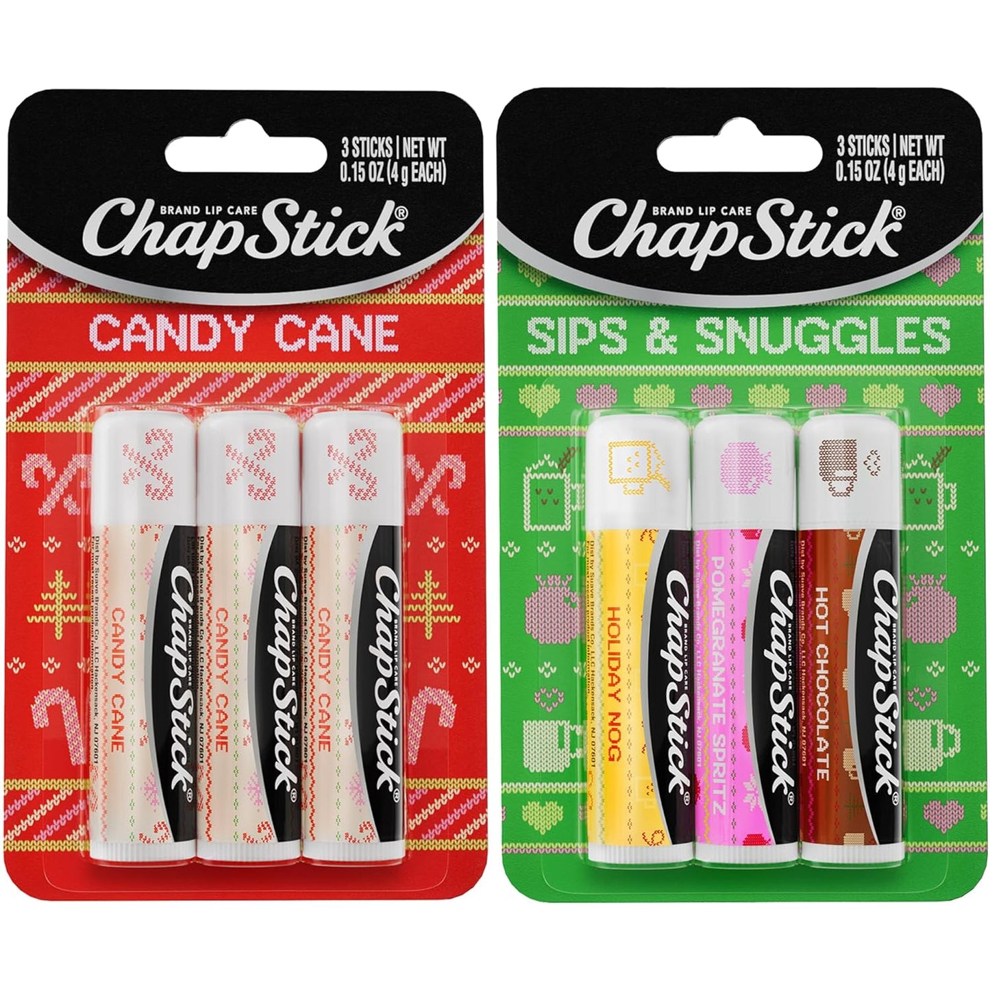 ChapStick Lip Balm, Holiday Variety Packs (6 Sticks) – Candy Cane, Sips & Snuggles Flavored Lip Moisturizers, Stocking Stuffers, Gifts, 0.15 Oz Ea
