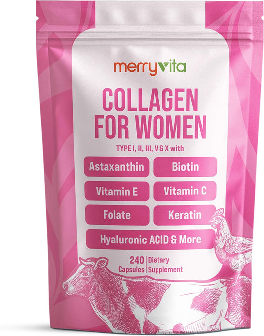 Collagen for Women – Hydrolyzed Multi Collagen Peptides Types I, II, III, V & X – Collagen Supplement with Vitamin C, Biotin & Hyaluronic Acid – Grass Fed, Non-GMO, 240 Capsules