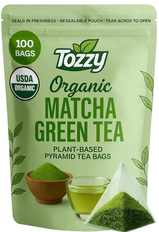 Tozzy Organic Matcha Green Tea – 100 Count, Plant-Based Pyramid Tea Bags | Ceremonial Matcha + Whole Leaf Sencha