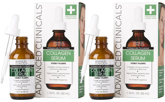 Advanced Clinicals Collagen Serum For Face | Visible Anti Aging Collagen Peptide Serum + Hyaluronic Acid Moisturizer Improves Look Of Wrinkles, Dry Skin, & Fine Lines, No added Fragrance, 2-Pack