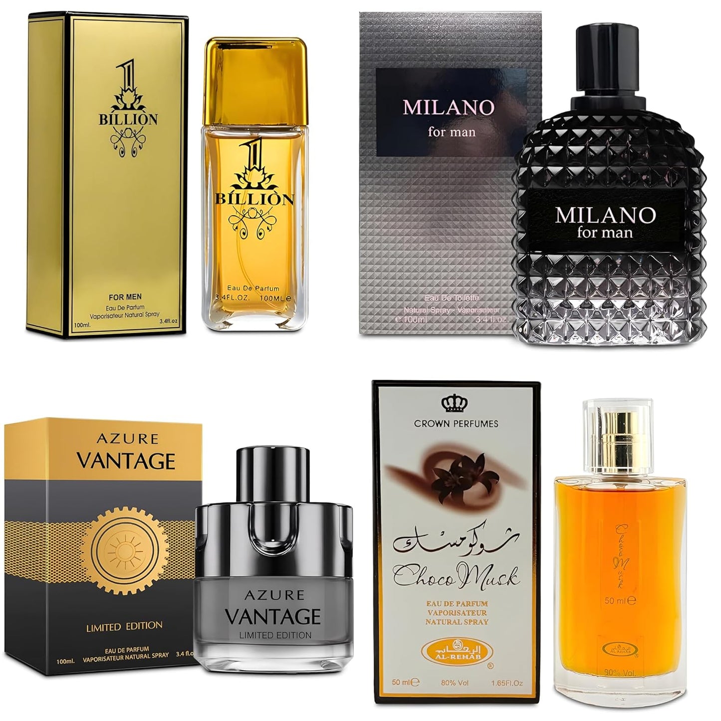 Men Cologne 4-Piece Combo Set (Choco/Milano/Billion/Azure Vantage) Each 100ml Eau de Toilette/Parfume Spray Premium Men Perfume Set Long Lasting Fragrance for Daily Use