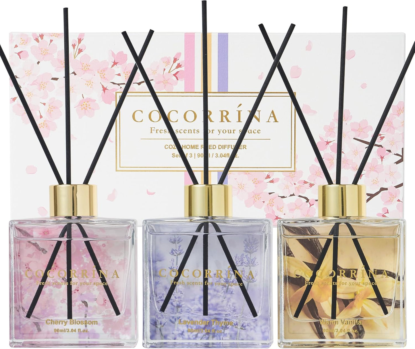 COCORRÍNA Reed Diffuser Set of 3-3 Pack/ 3.04 Fl.oz Diffuser with 24 Sticks Warm Vanilla/Cherry Blossom/Lavender Thyme Reed Diffuser for Home Bathroom Office Shelf Decor