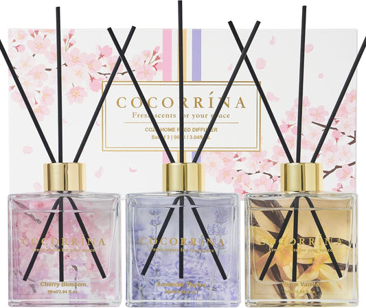 COCORRÍNA Reed Diffuser Set of 3-3 Pack/ 3.04 Fl.oz Diffuser with 24 Sticks Warm Vanilla/Cherry Blossom/Lavender Thyme Reed Diffuser for Home Bathroom Office Shelf Decor