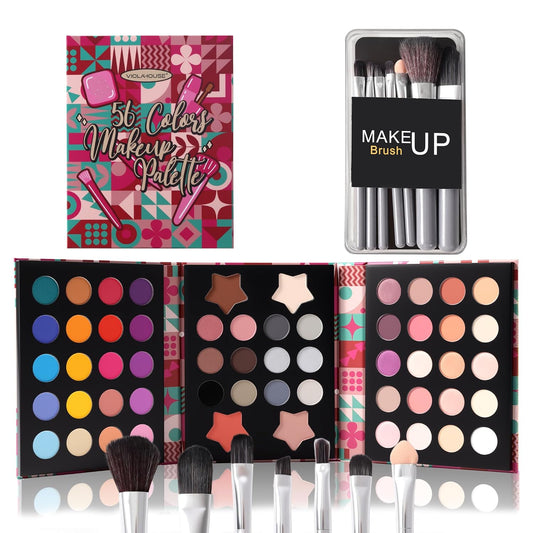 VIOLA HOUSE 56-shade Eyeshadow Palette Makeup Set with 7 Eyeshadow Brush,Makeup Platte kit with Matte,Glitter,and Iridescent Eyeshadows,Multicolored Makeup Set with Brushes, Christmas Makeup for Women