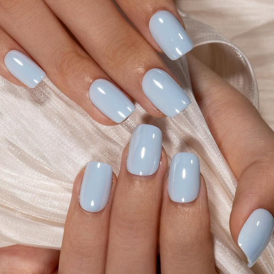 Curvlife Soft Gel Press On Nails Kit - 30pcs Full Cover False Sky Blue High-Shine Chrome Nail Tips Designs, Fake Nail with Nail Glue - Easy Application Nail Accessories for Women