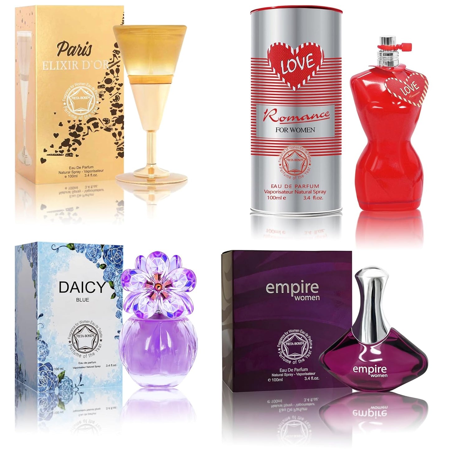 META-BOSEM Perfume for Women Set (100ml x 4PCS Variety Pack), LoveRoma, DaicyB, Empire, PariselixiR, Long Lasting Perfume for Women All Day Use