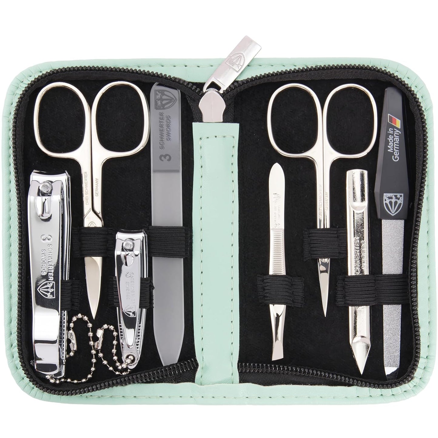 3 Swords Germany - brand quality 8 piece manicure pedicure grooming kit set synthetic leather case mint - Made in Germany