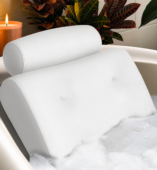 Everlasting Comfort Luxury Bath Pillows for Tub with Head and Neck Support - Non-Slip Bathtub Pillow with Suction Cups, Quick-Drying Mesh & Drying Hook - Jacuzzi & Spa Accessories for Women - White