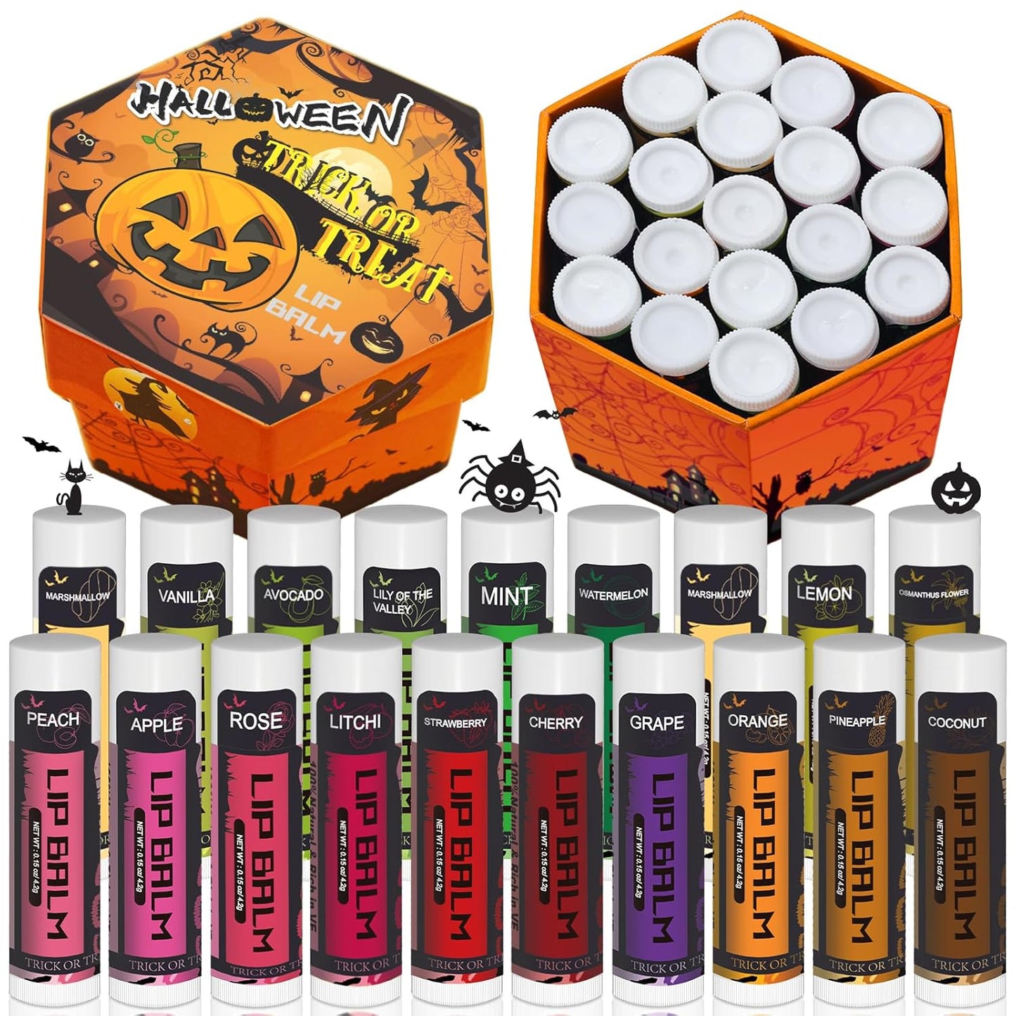 Yopela 19 Pack Halloween Lip Balm Party Favors, Lip Care Set with Vitamin E & Coconut Oil to Moisturize Repair Dry Chap Lips, 18 Flavors,Perfect for Trick-or-Treat Gifts or Goodie Bag Stuffers